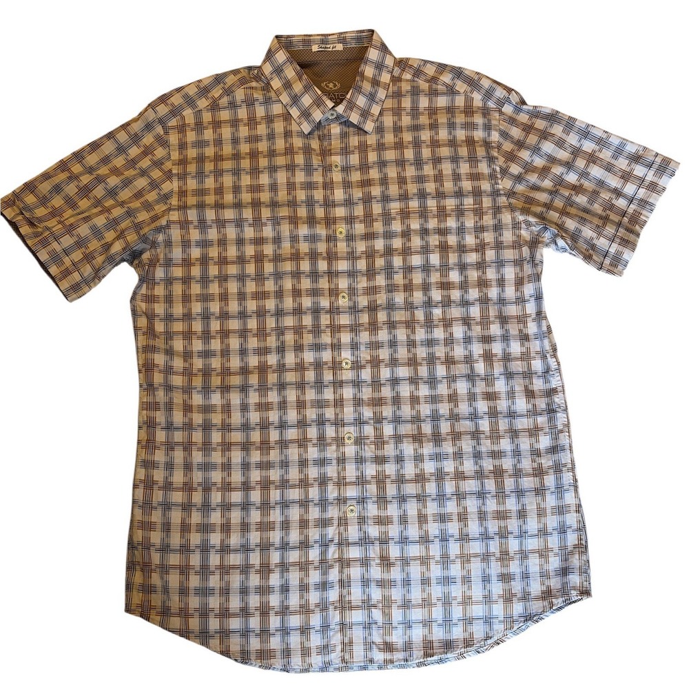 BUGATCHI UOMO Shaped Fit Men's Plaid Short Sleeve Cotton button up Brown Blue M